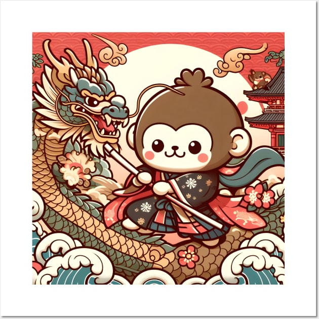 Monkey and Dragon Friendship during Edo Sunset Pagoda wave Classic Japanese Wall Art by Pokoyo.mans@gmail.com